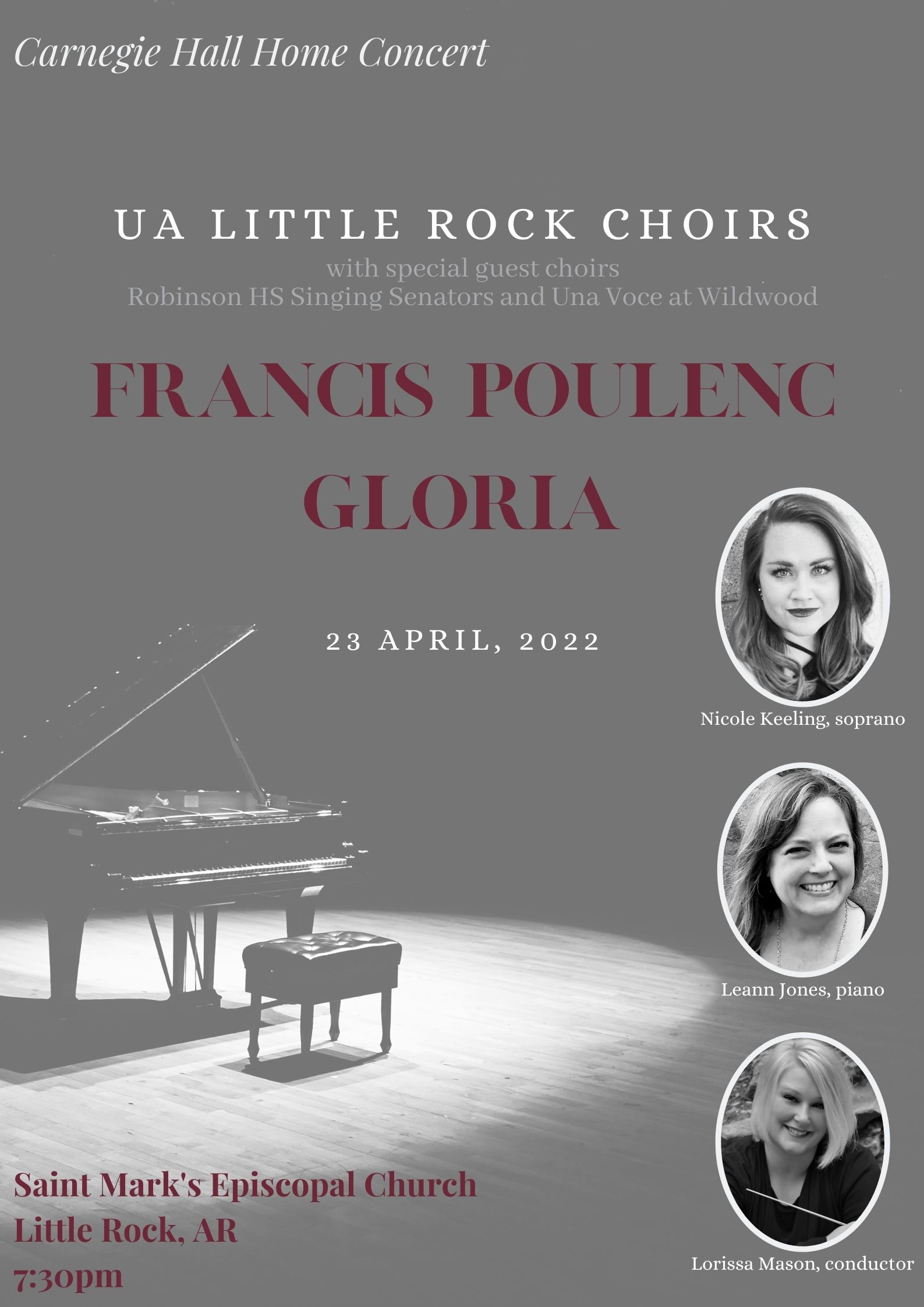 The University of Arkansas at Little Rock Choirs will hold a special concert performance of Francis Poulenc’s masterwork “Gloria” at 7:30 p.m. Saturday, April 23, at Saint Mark’s Episcopal Church, 1000 N. Mississippi St., Little Rock.