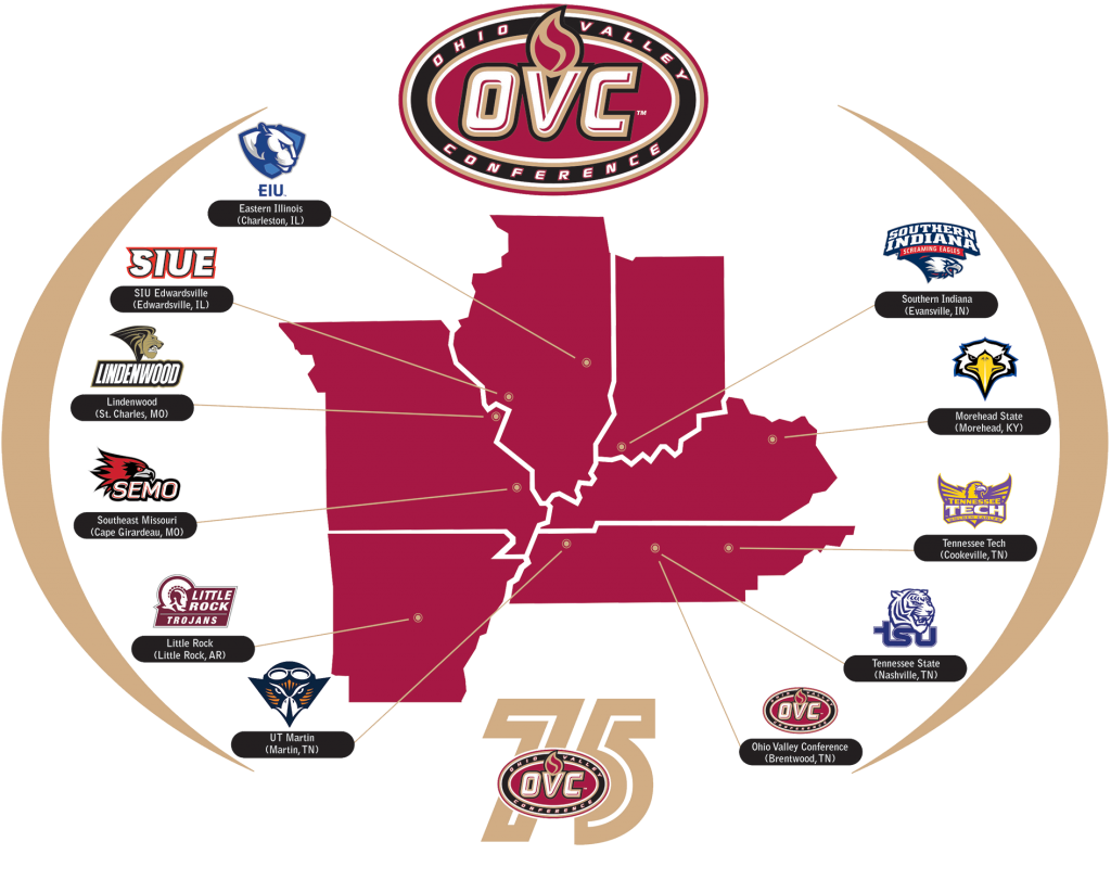 A map of the members of the Ohio Valley Conference.