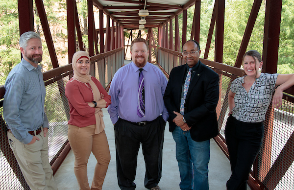 UA Little Rock professors, from left, Mark Baille, Ronia Kattoum, Michael Moore, David Montague and Lundon Pinneo received a large grant from the National Science Foundation to work to improve undergraduate education in the Donaghey College of STEM.