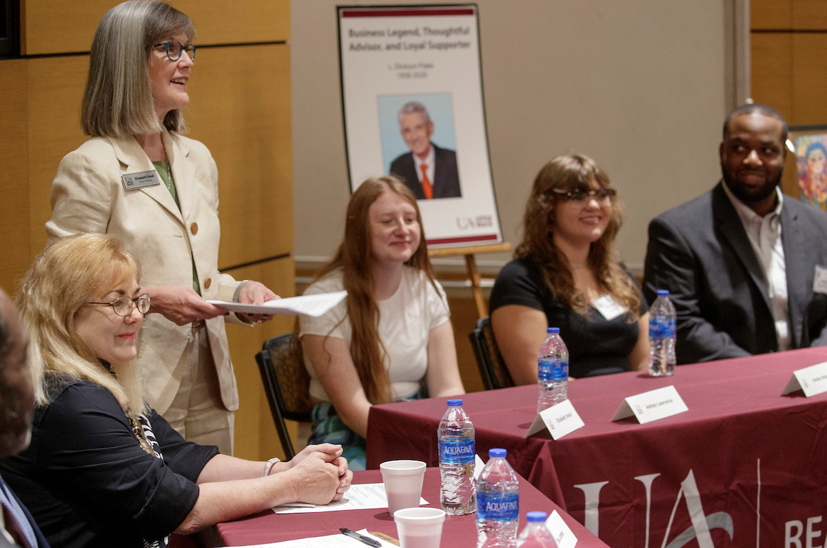 Leslye Shellam, left, donor to the L. Dickson Flake Endowed Scholarship and the Linda Blaine Flake Endowed Art Student Scholarship, leads a panel discussion with scholarship recipients Ashley Lawrence, center, Annika Wade, second from right, and Lamar Townsend, right, to discuss how art and business are connected and the importance of philanthropy in supporting students in both fields.