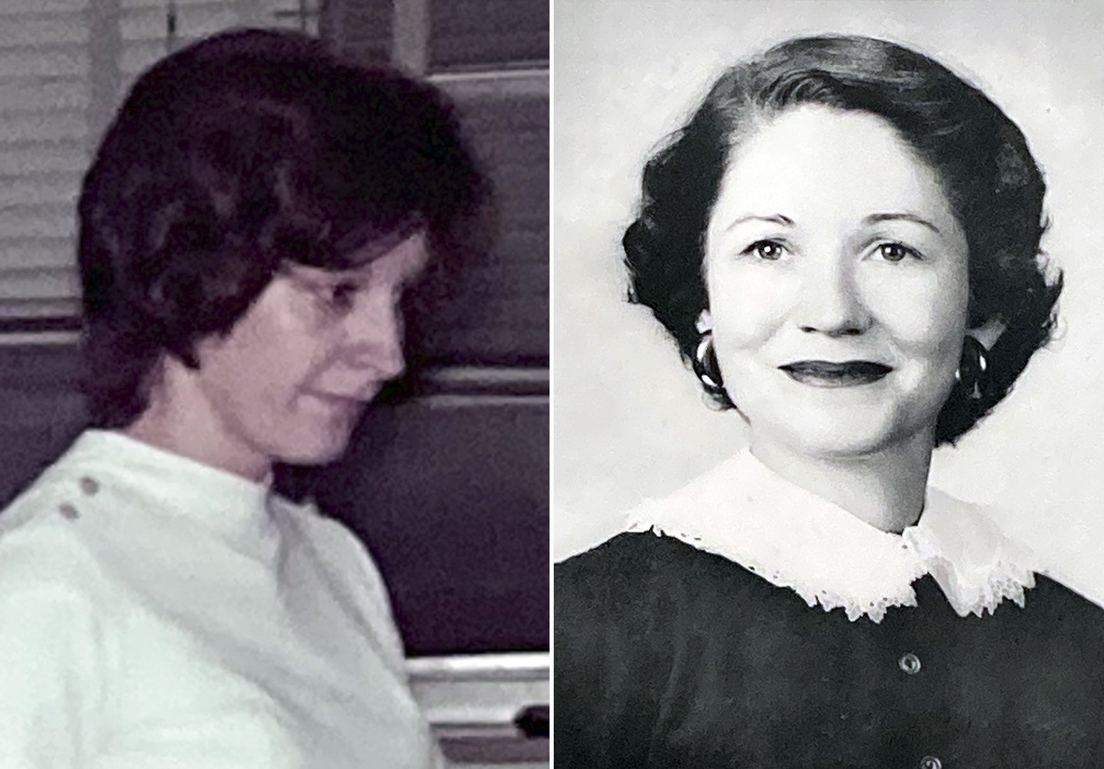 The left hand photo shows Betsy Hug Hollingsworth working as a medical technologist at St. Vincent Infirmary, while the right hand photo shows Beth Bevill Hollingsworth in her yearbook photo from Little Rock Junior College.