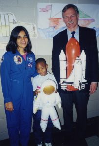 Congressmen Vic Snyder celebrates Astronaut Day in 1999 by visiting Booker T. Washington Elementary School with astronaut Kalpana Chawla.