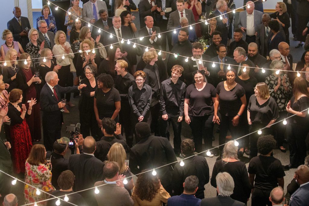 UA Little Rock choral students sing to guests of the UA Little Rock Centennial Campaign kickoff gala Oct. 13 in the Fine Arts Building. Photo by Ben Krain.