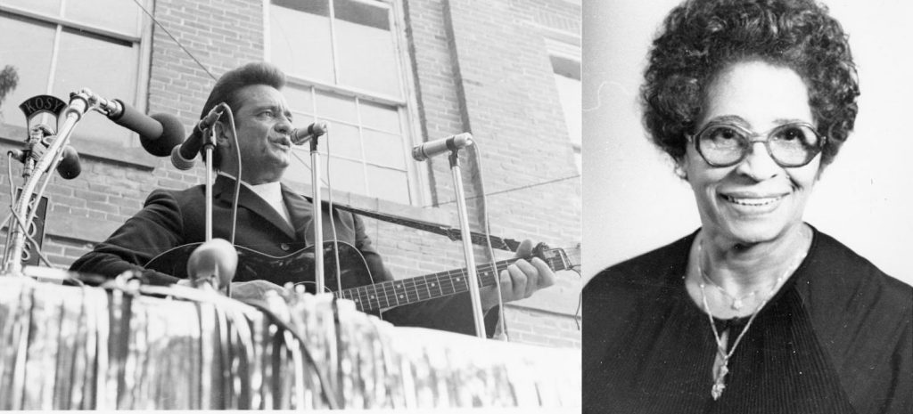 Arkansans Johnny Cash and Daisy Bates are shown in historic photographs courtesy of the UA Little Rock Center for Arkansas History and Culture.