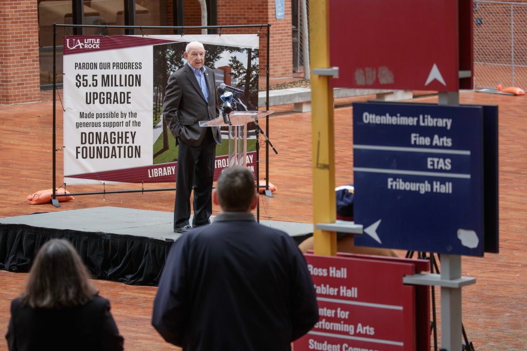 Charles Nabholz, chairman emeritus of Nabholz, speaks during the groundbreaking ceremony for the Trojan Way project at UA Little Rock on Dec. 2. Photos by Ben Krain.