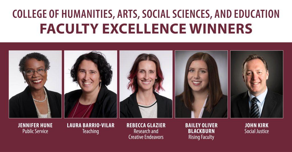 The UA Little Rock College of Humanities, Arts, Social Sciences, and Education has selected Laura Barrio-Vilar, Bailey Oliver Blackburn, Jennifer Hune, Rebecca Glazier, and John Kirk as the 2023 Faculty Excellence winners.