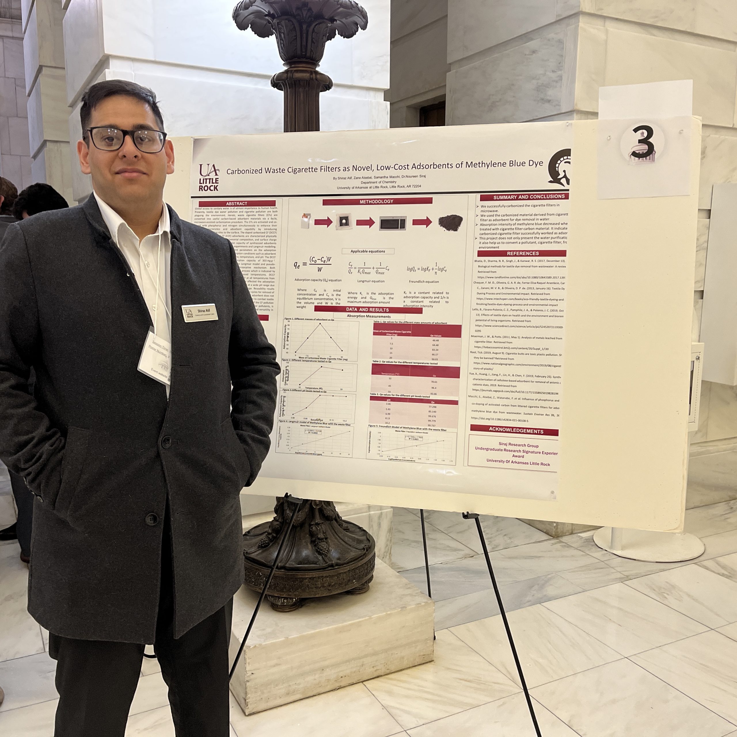 Shiraz Atif poses with his project on Carbonized Waste Cigarette Filters as Novel, Low-Cost Adsorbents of Methylene Blue Dye at the Arkansas State Capitol.