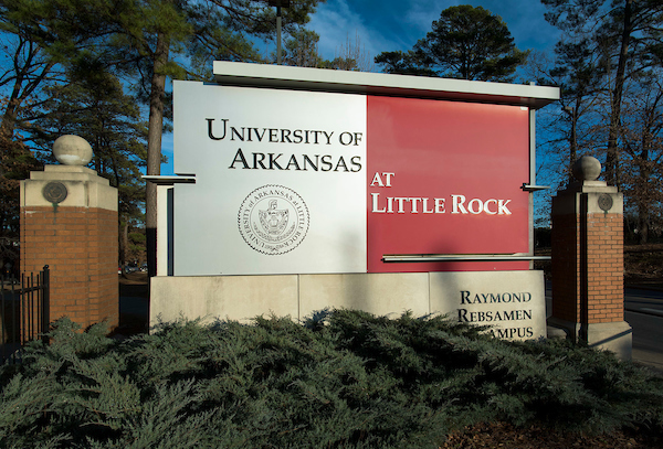 The University of Arkansas at Little Rock sign is shown on South University Avenue.