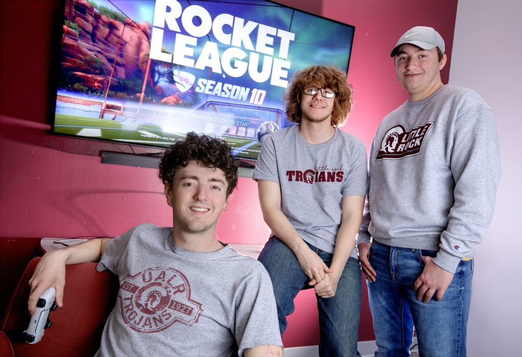 Adam Perry, left, Trevor Dady, center, and Conner Capps are part of a Rocket League Esports Team for UA Little Rock.