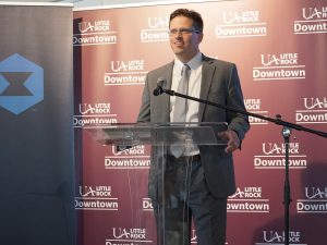 Dr. Philip Huff, assistant professor of cybersecurity at UA Little Rock, discuss the Emerging Threat Information Sharing and Analysis Center at UA Little Rock Downtown.