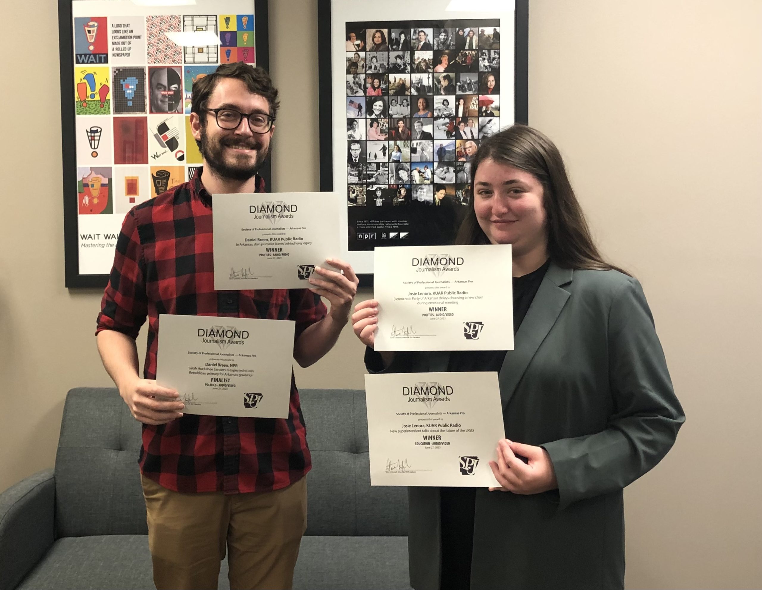 Daniel Breen and Josie Lenora are shown with their awards from the Society of Professional Journalists. Photo by LeRoi Emerson.