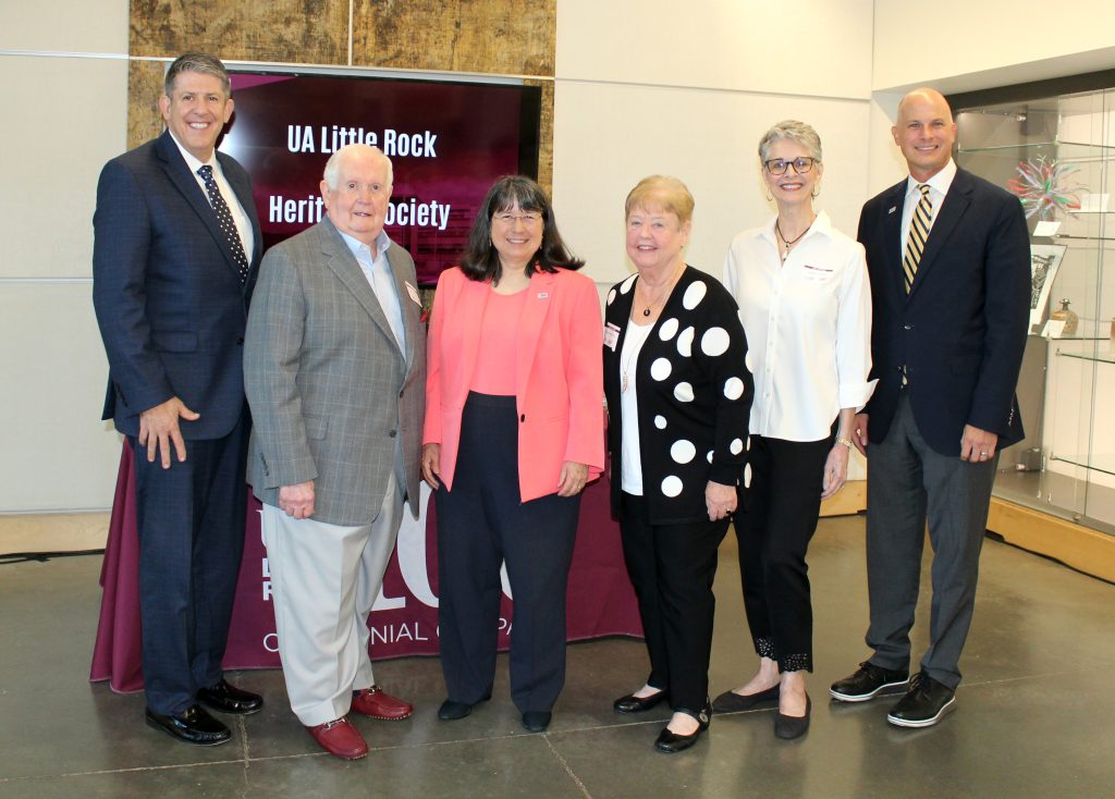 UA Little Rock honored the distinguished individuals who have joined the ranks of the Heritage Society Aug. 17 in the Windgate Center of Art and Design. Pictured, from left to right, are Bryan Day, Dr. Norman L. Hodges, Jr., Chancellor Christina Drale, Dr. Paula Wyatt Morris, Jeanette Hamilton, and Christian O’Neal.