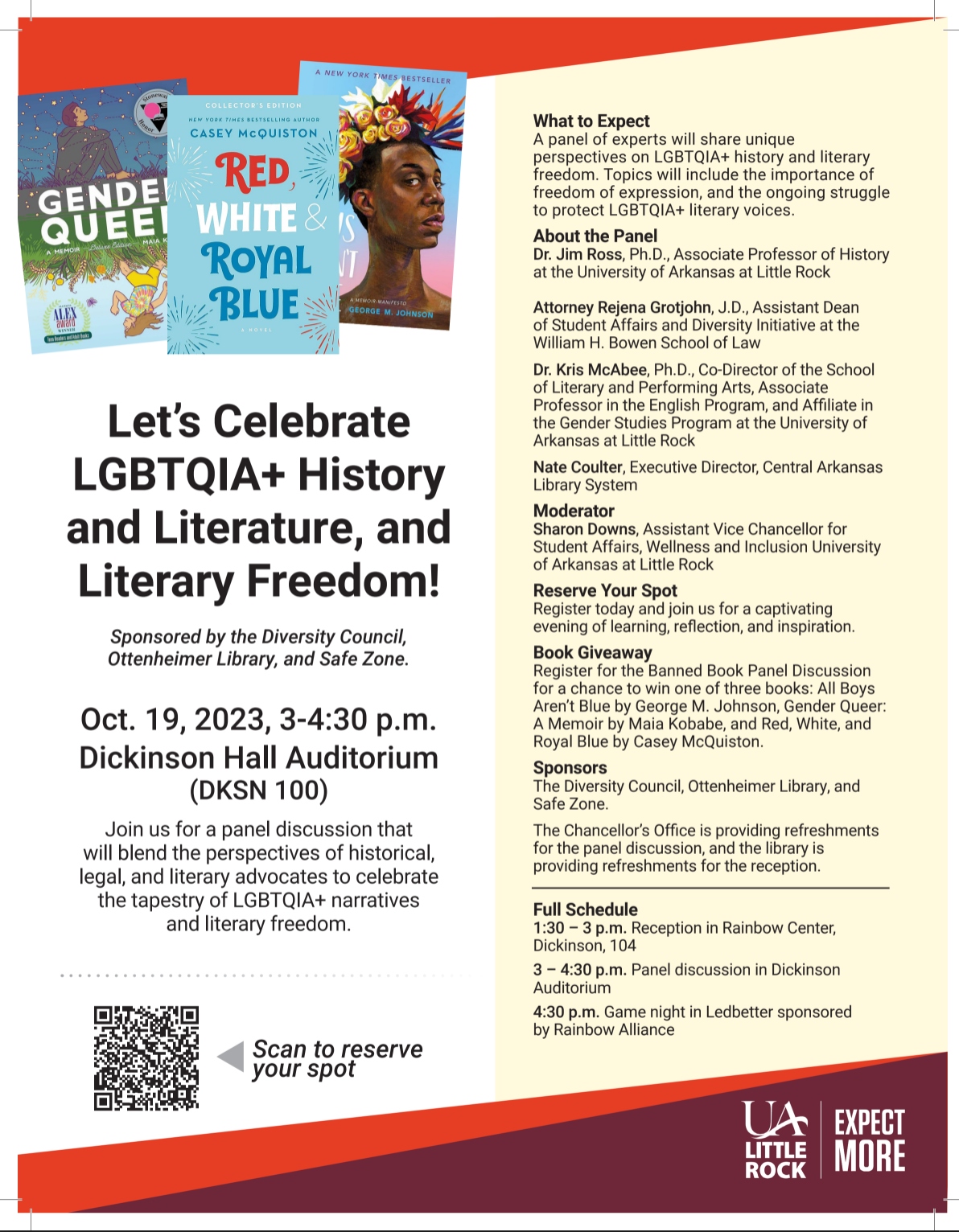 UA Little Rock will hold a panel discussion Oct. 19 exploring LGBTQIA+ history, narratives, and literary freedom.
