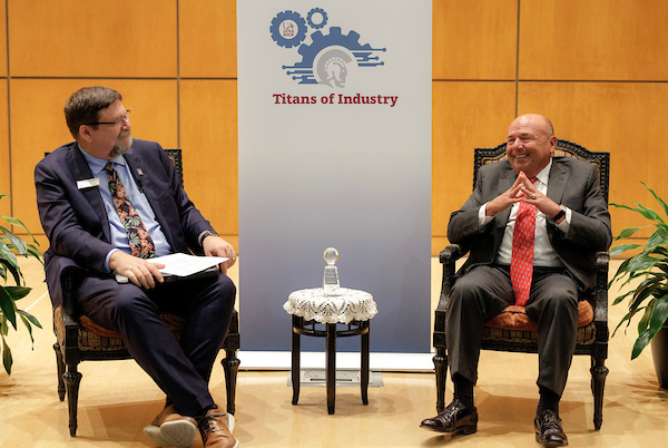 Dean Lawrence Whitman speaks with VCC Chairman Sam Alley as the first guest of the inaugural Titans of Industry Conversation Series. Photo by Benjamin Krain.