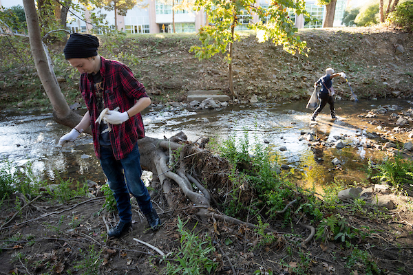 A small group of student volunteers participate in a Sustainability Day cleanup event picking up trash along Coleman Creek. Photo by Ben Krain.