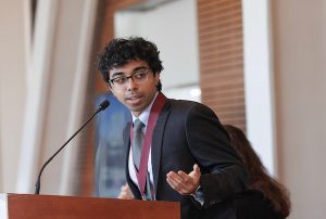 Whitbeck Memorial Award recipient Ahad Nadeem thanks his family during the 2023 UA Little Rock Distinguished Alumni Awards Ceremony. Photo by Benjamin Krain.
