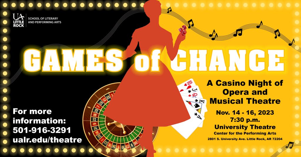 Games of Chance banner with a silhouette holding dice with cards and a table behind the image. Show dates and times are listed.