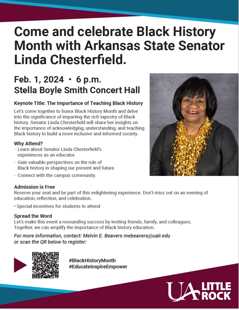 In celebration of the start of Black History Month, UA Little Rock will host a visit with Arkansas Sen. Linda Chesterfield on Feb. 1.