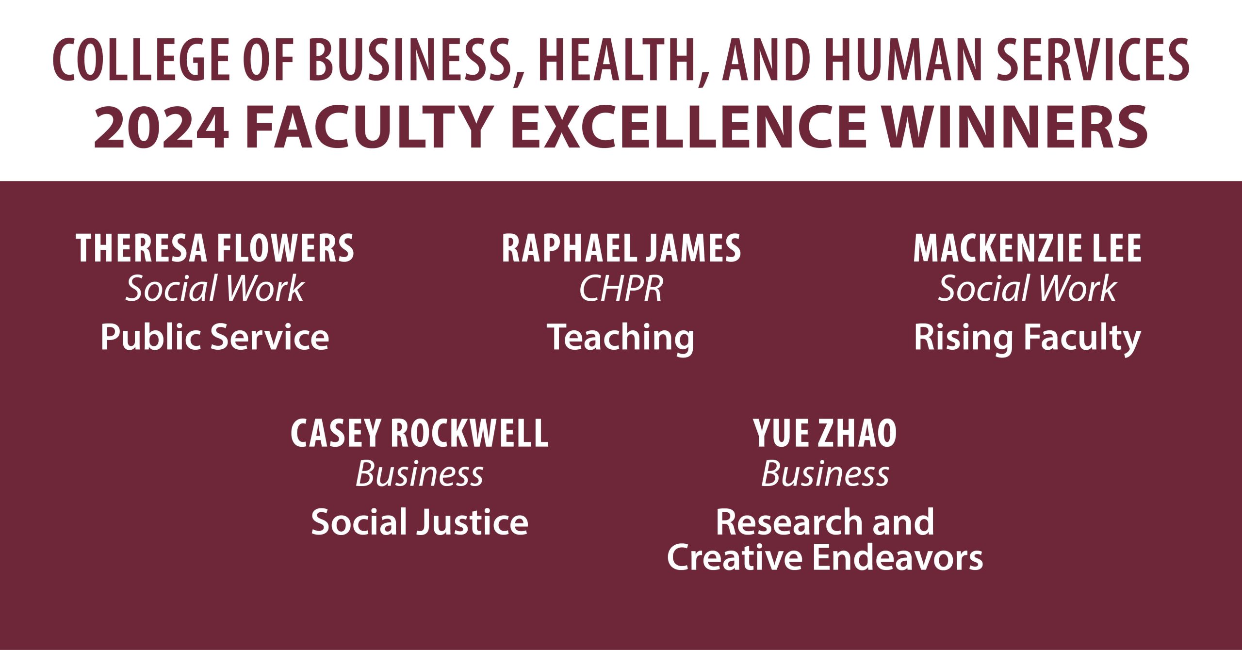 The UA Little Rock College of Business, Health, and Human Services has named Yue Zhao, Theresa Flowers, Raphael James, Casey Rockwell, and Mackenzie Lee as the college-level winners of the 2024 Faculty Excellence Awards.