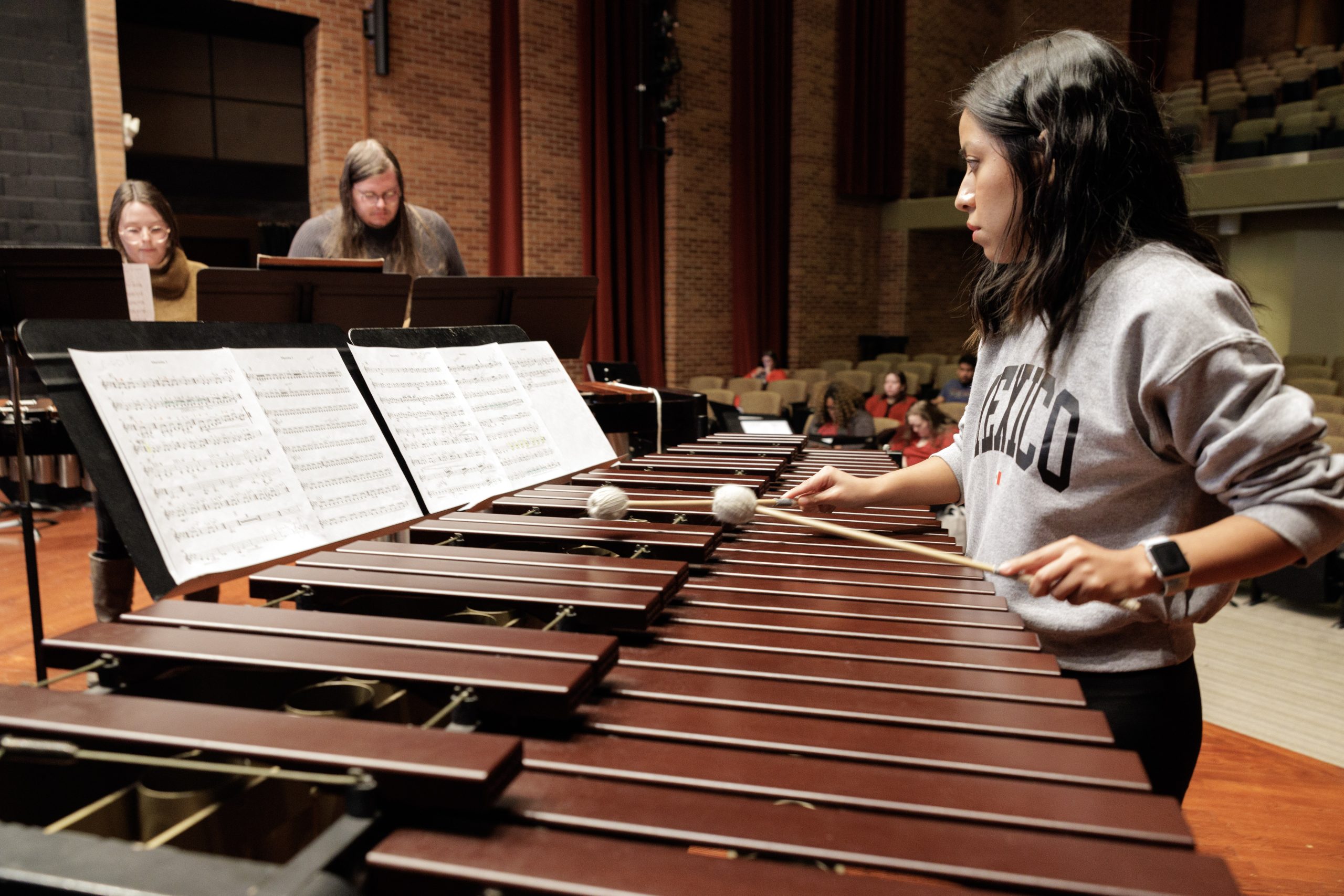 UA Little Rock music students practice for their Fall Percussion Ensemble Concert in the Stella Boyle Smith Concert Hall. Photo by Benjamin Krain.