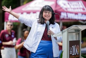 Chancellor Christina Drale thanks the crowd for participating at the annual BBQ at Bailey. Photo by Benjamin Krain.