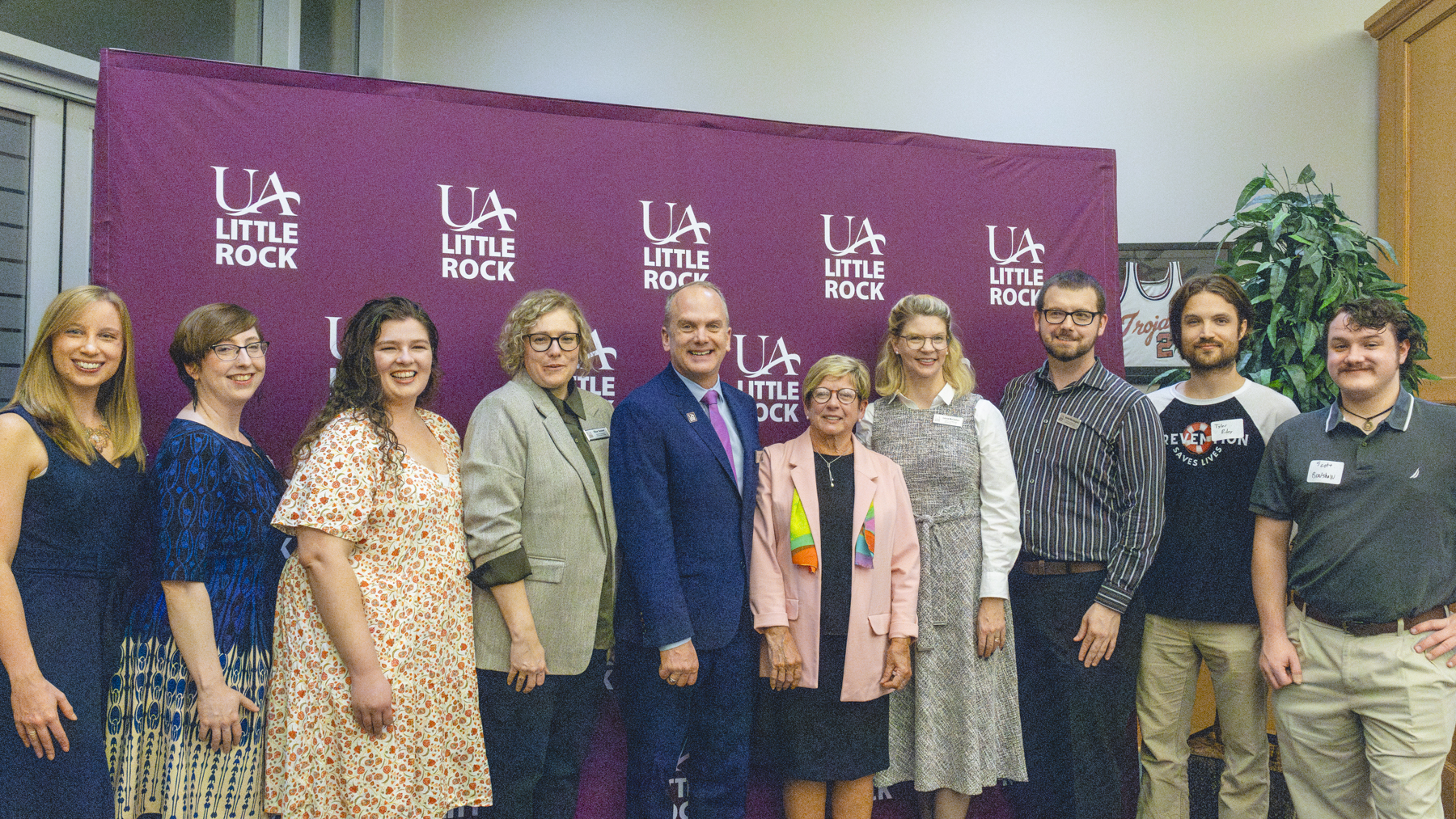 UA Little Rock celebrates the launch of the Mapping Little Rock History Project. Pictured from left to right is Emily Summers Yarberry, Amanda McQueen, Emily Housdan, Elise Tanner, Jess Porter, Deborah Baldwin, Laura McClellan, James Wethington, Tyler Riley, and Scott Bradshaw. Photo by Beatriz Garcia.