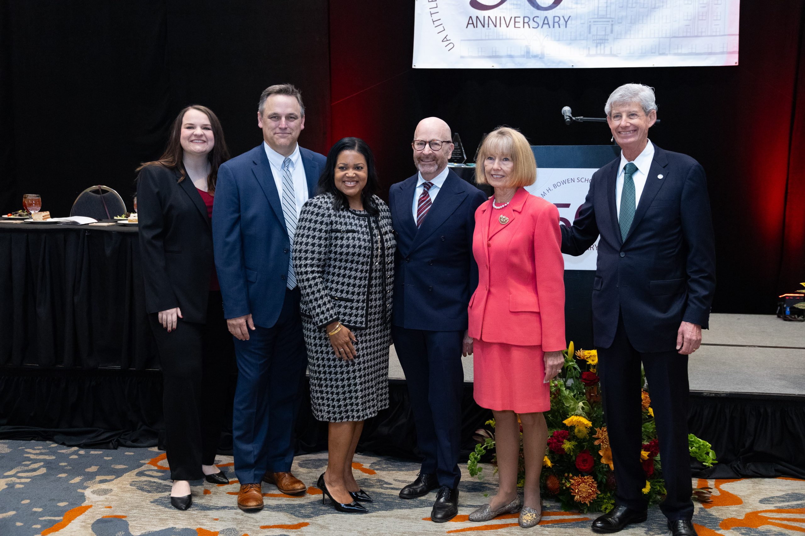 UA Little Rock honored its 2024 Distinguished Alumni Award honorees on Nov. 1. Pictured from left to right are Cara Butler, Emerging Leader Award, David Sudduth, Friend of Bowen Award, The Honorable Colette Honorable, Outstanding Alumna in Public Service Award, Bowen Dean Colin Crawford, and Judges Rita and Wayne Gruber - Distinguished Alumni of the Year Award. Photo by Larry Rhodes.