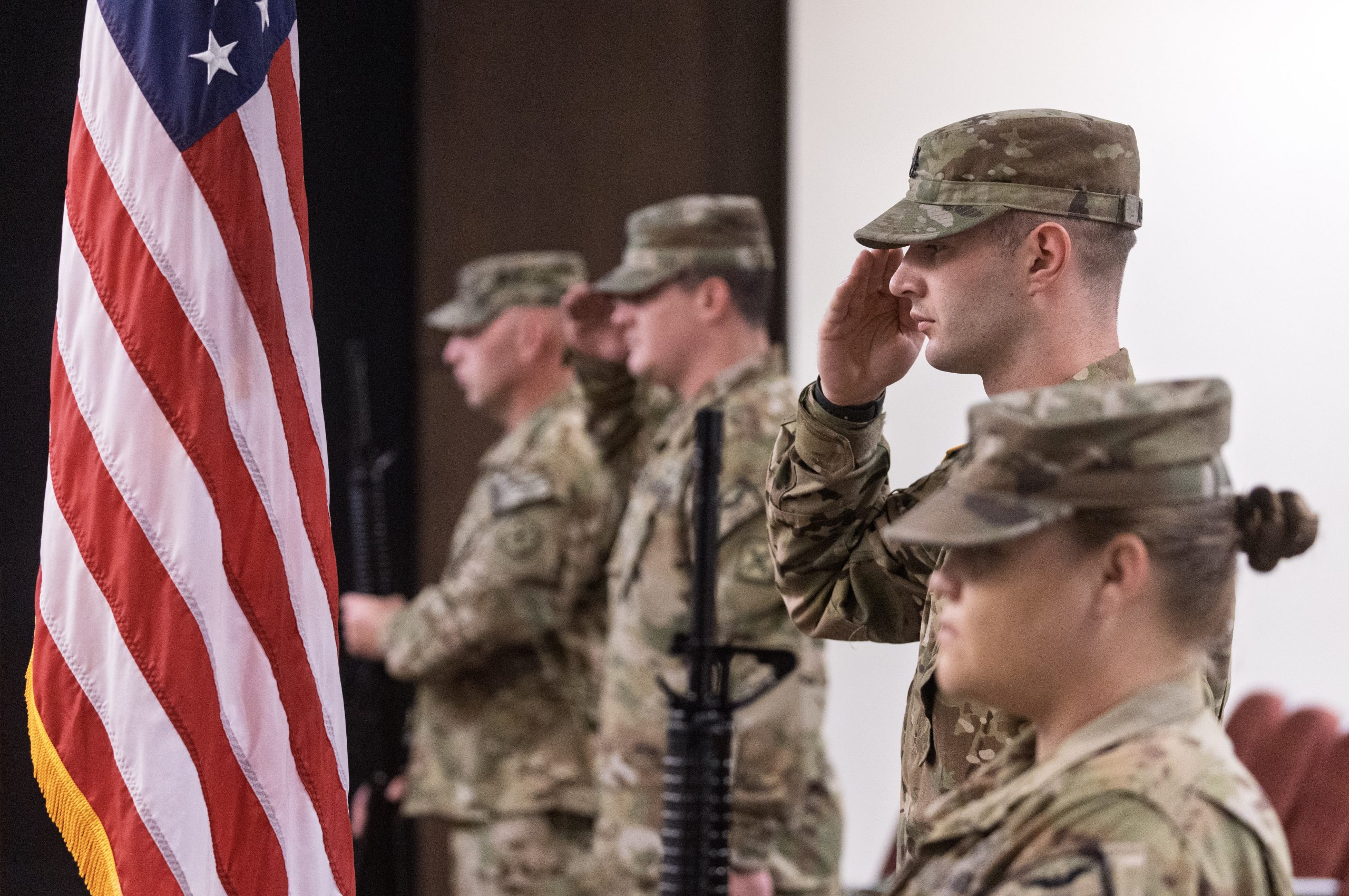 The Arkansas National Guard presenting the colors during a Veterans Day Ceremony on campus. Photo by Benjamin Krain.