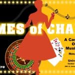 Games of Chance banner with a silhouette holding dice with cards and a table behind the image. Show dates and times are listed.