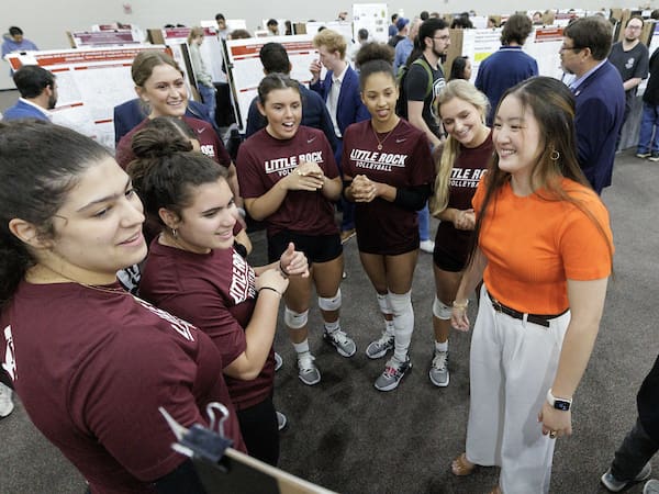 Livia Kimuria, a graduate student in applied communication, presents her research to student-athletes at the Student Research and Creative Works Expo. Photo by Ben Krain.