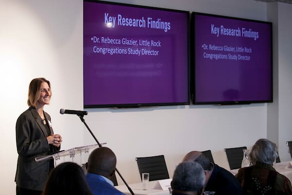 Dr. Rebecca Glazier, director of the Little Rock Congregations Study, shares her research with faith leaders in Arkansas during the Race and Faith Summit at the UA Little Rock Downtown Center. Photo by Ben Krain.