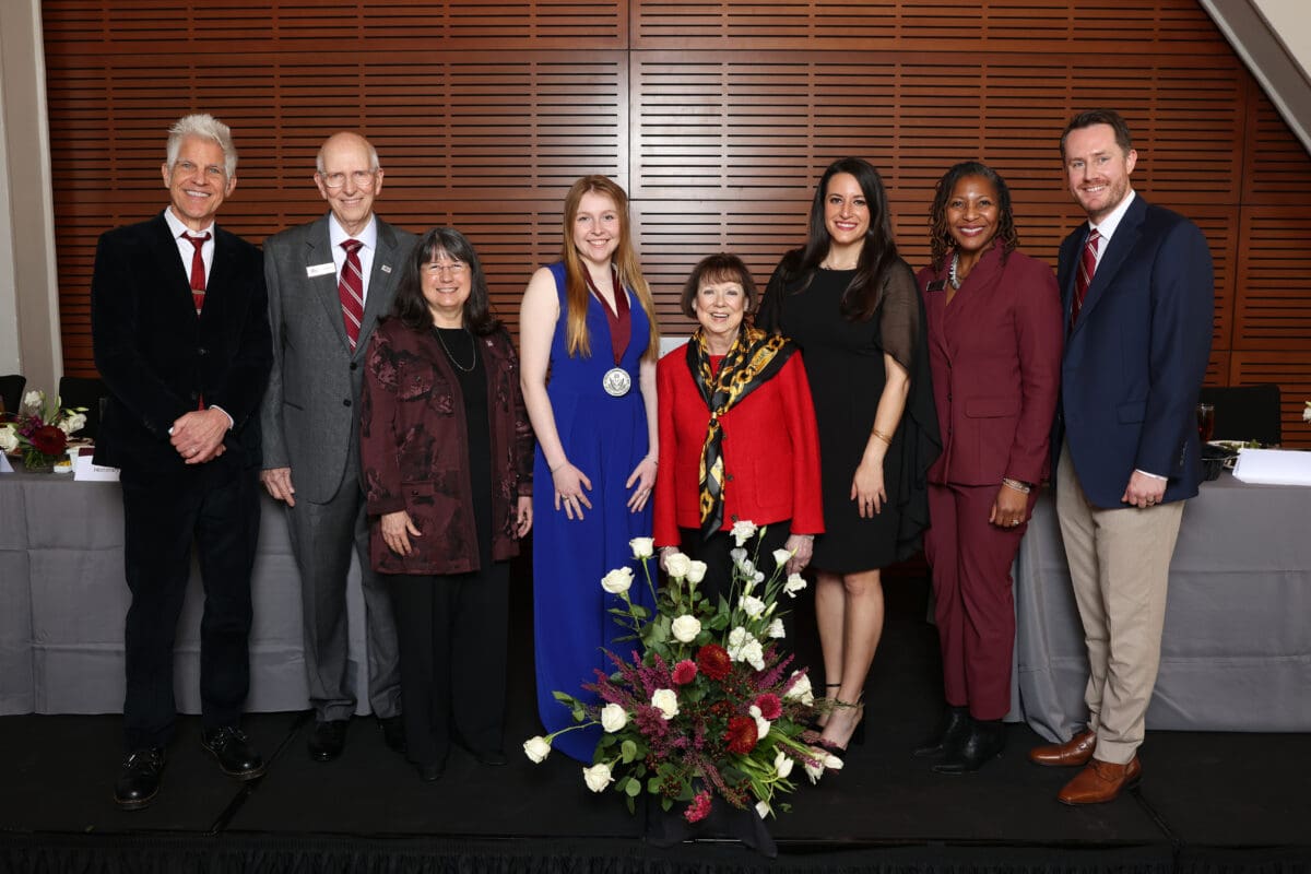 UA Little Rock has honored its Distinguished Alumni Feb. 26 at the Clinton Presidential Center. Pictured from left to right are Kevin Kresse, Jerry Damerow, Chancellor Christina Drale, Emily Wells, Libby Smith, Summer Khairi, Kristi Smith, and Guy Choate. Photo by Nelson Chenault.