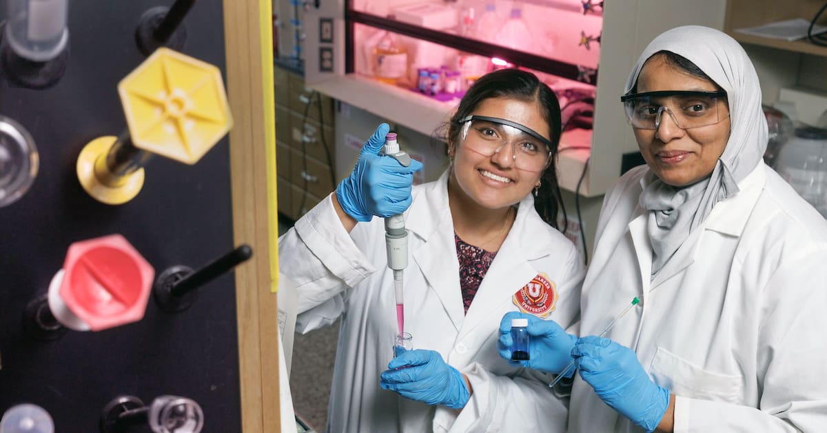 Biology student Nistha Neuprene and her mentor Dr. Noureen Siraj won a SURF Grant from the Arkansas Department of Higher Education for their research on how two distinct shapes of gold nanoparticles may affect the drug delivery performance. Photo by Ben Krain.
