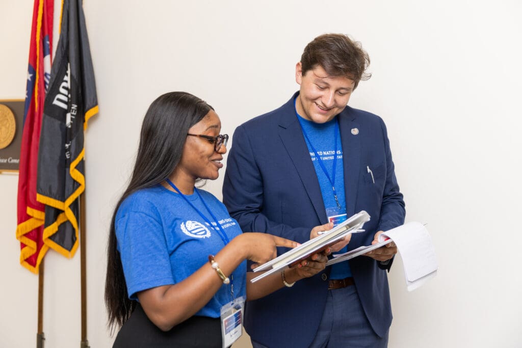 UA Little Rock student Joy Ferdinand, left, and Lake Dodson, a representative from Mississippi, serve as youth delegates at the United Nations Association of the United States of America (UNA-USA) Advocacy Summit.