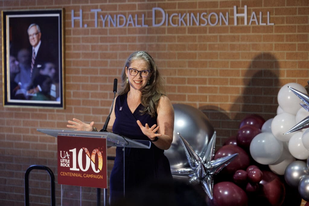 Dr. Rachel Eells, Windgate endowed director of the School of Education, discusses how a gift from the Trinity Foundation will provide funding for faculty members who will launch an early childhood education program at UA Little Rock. Photo by Benjamin Krain.