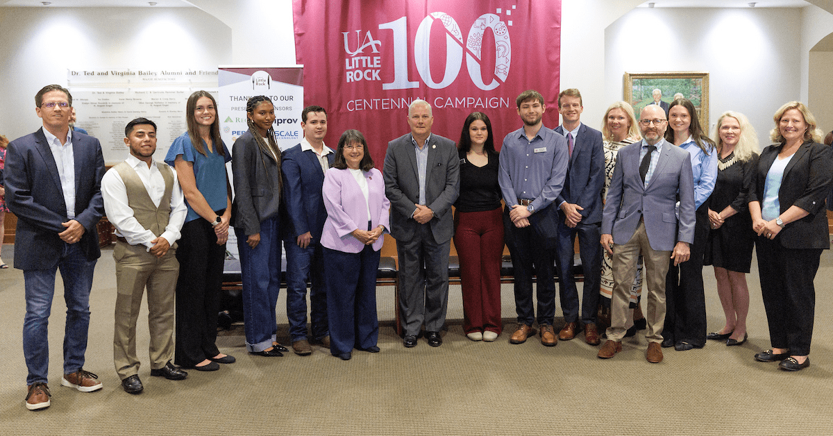 UA Little Rock Chancellor Christina Drale, students, faculty, and staff visit with Arkansas Attorney General Tim Griffin during a press conference announcing the university joining the "One Pill Can Kill" Initiative. Photo by Benjamin Krain.
