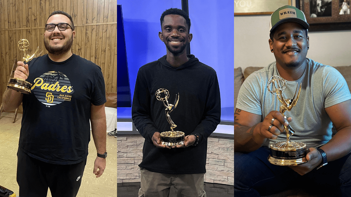 From left, Brandon Ramirez, Kwasi Harshaw, and Dillon Jackson are among the UA Little Rock School of Mass Communication students and alumni honored at the 2025 NATAS Mid-America Emmy Awards on Oct. 25. Submitted photo.