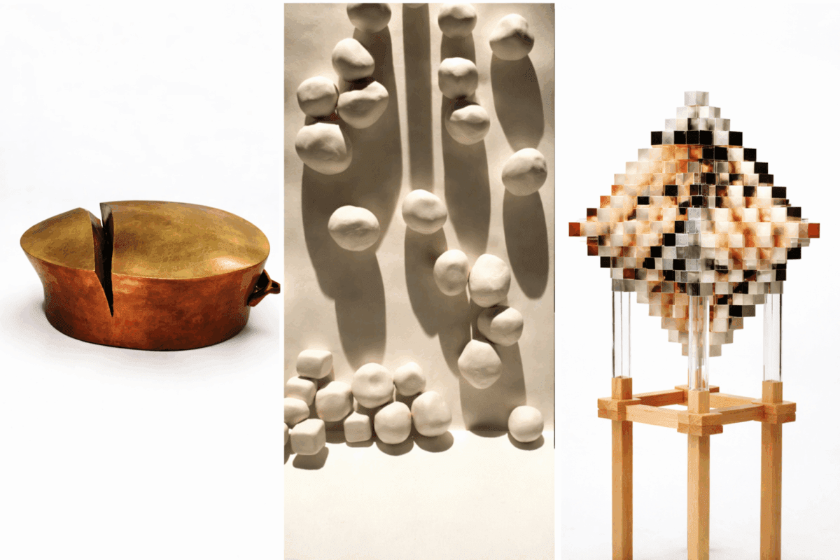 Three contemporary sculptures side by side: a copper vessel with a split brass lid, a wall of white clay forms casting long shadows, and a pixelated portrait sculpture on a wooden stand.
