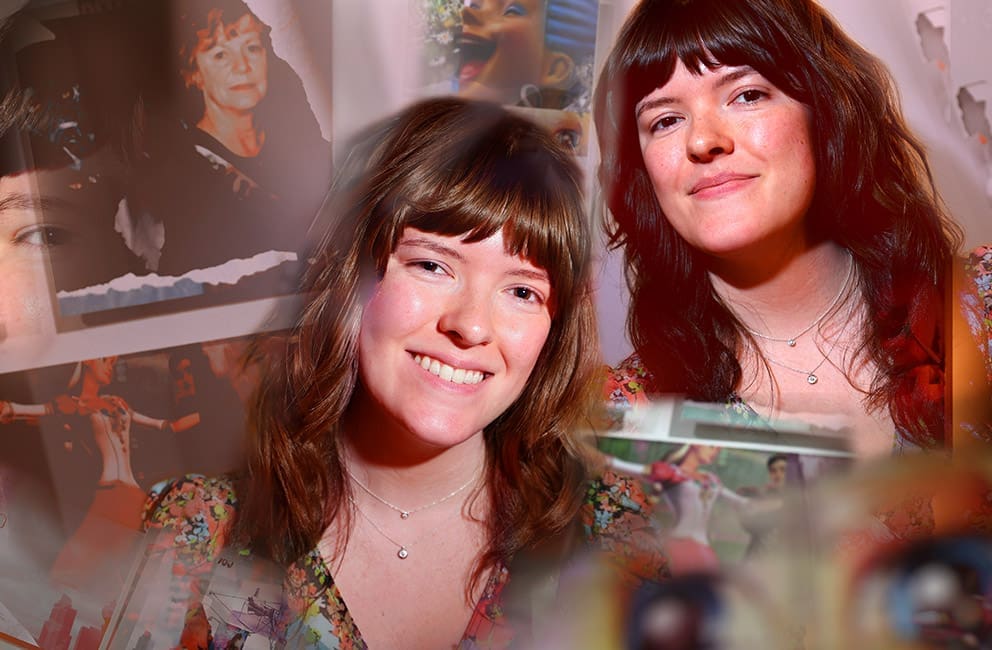 In-camera multiple exposure portrait of Art and Design student Skylar Boone with her collage exhibit on display in the gallery in the Windgate Center of Art + Design building.