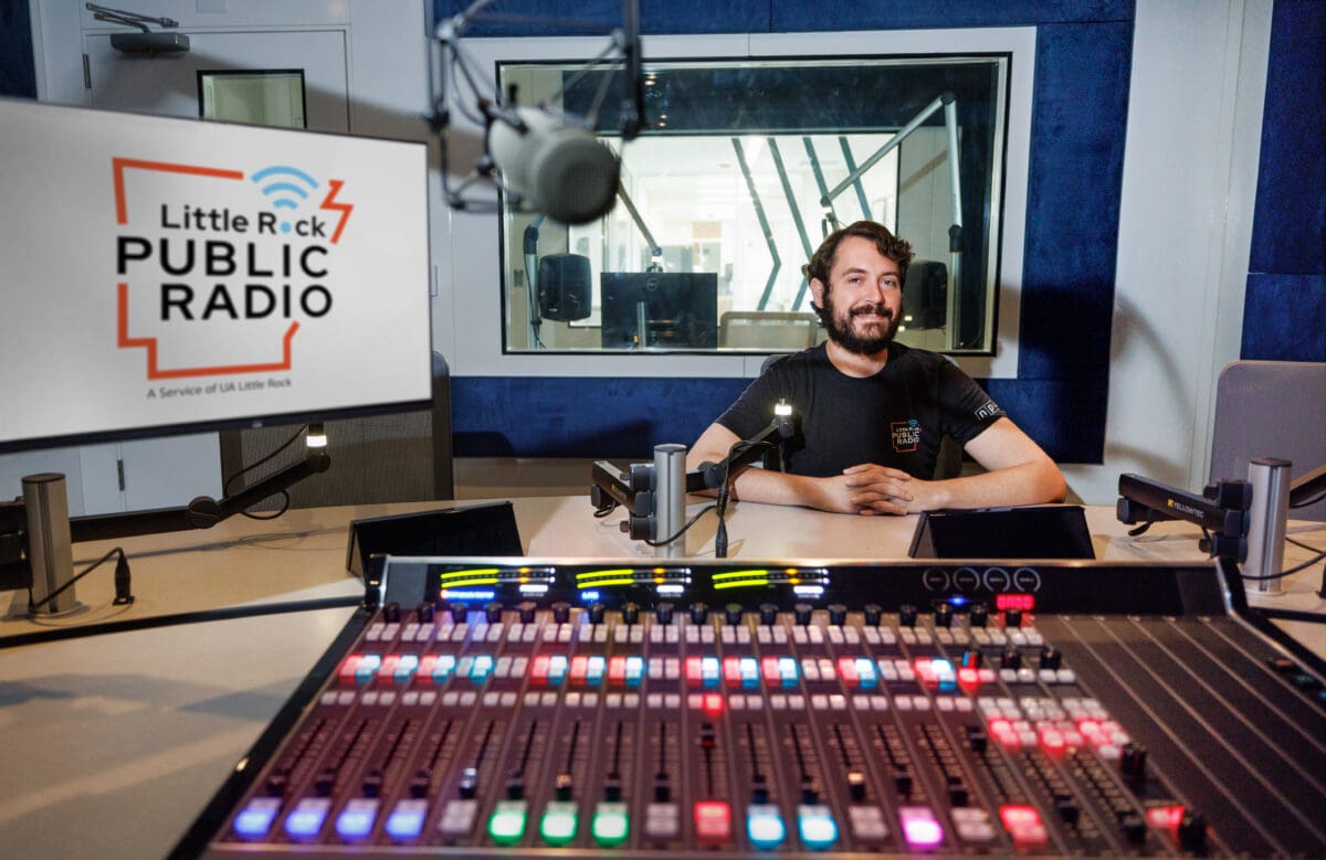 Daniel Breen, reporter and news anchor for KUAR public radio, in the new studio space.