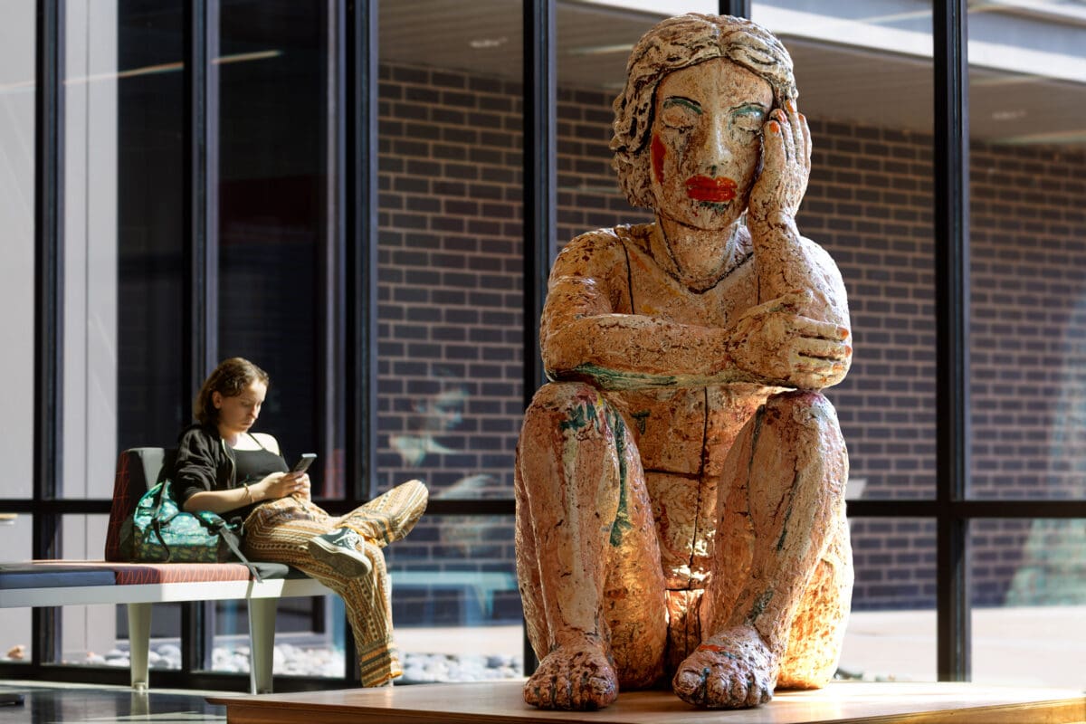 Viola Frey sculpture, Thinking Woman, at Windgate Center.