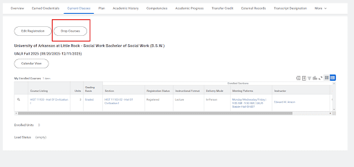 Under the Current Classes tab, click the Drop Course button: