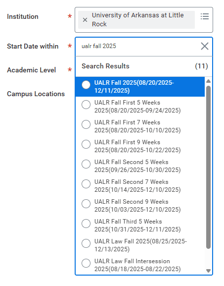 Start Date Within: Enter UALR xxxx 20xx to correlate with the correct semester and year