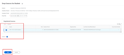 click the checkbox beside the class to drop
