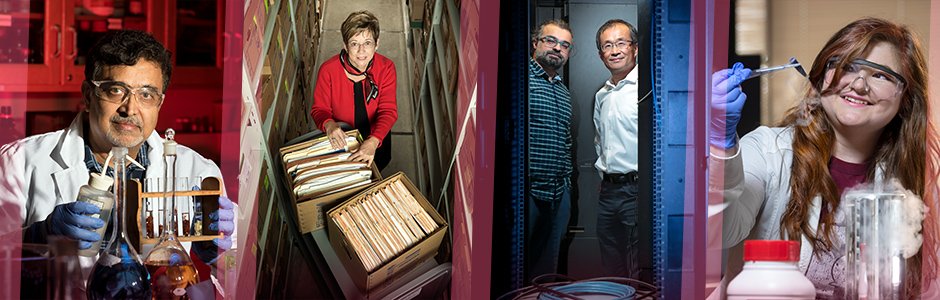 Four photos of researchers: chemistry professor Dr. Tito Viswanathan working in a lab; associate provost Deborah Baldwin with an historical archive of Vic Snyder's papers; systems engineering faculty Tolgahan Cakaloglu and Xiaowei Xu standing in a server room; and Gilman scholar Erica Olson working in a chemistry lab.