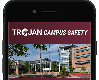 Top of cell phone displaying the Trojan Campus Safety app
