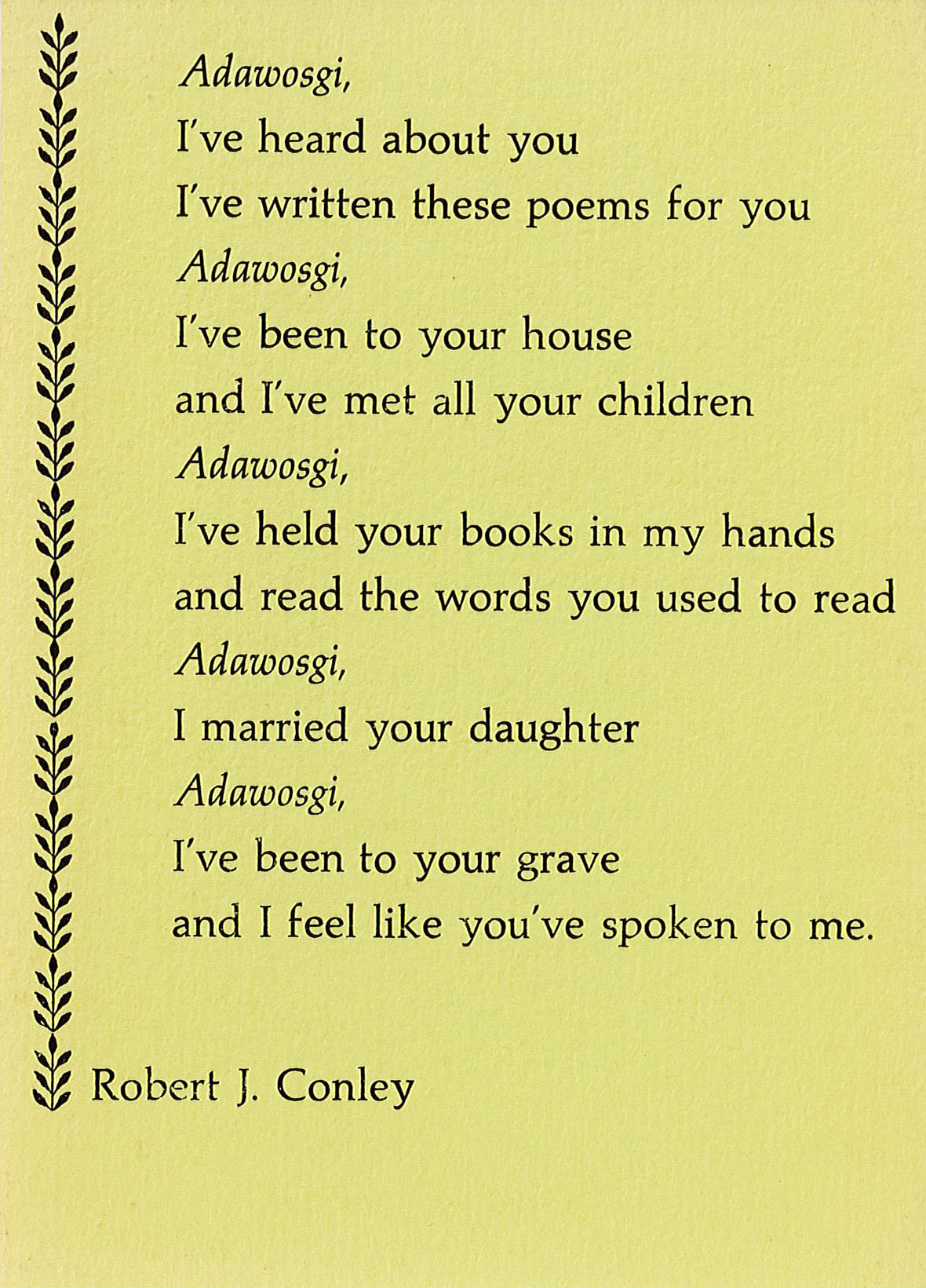 Poem card, “Adawosgi,” published by Strawberry Press, 1980