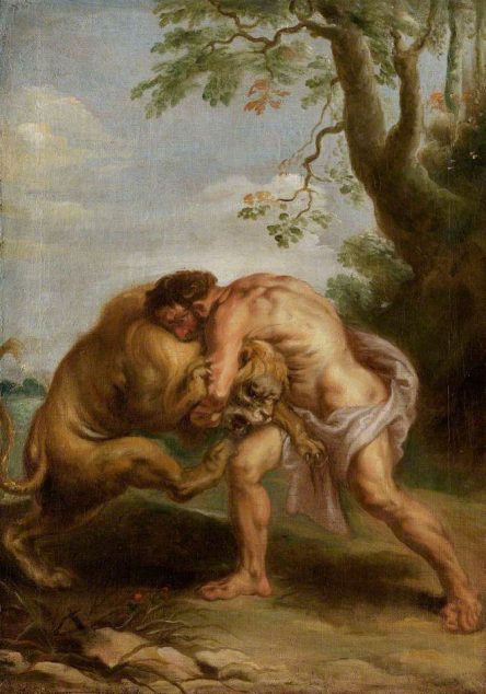 Painting of Hercules wrestling a lion