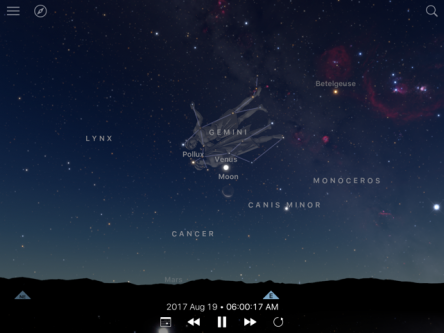 Graphic of the waning crescent moon south of Venus on August 19th