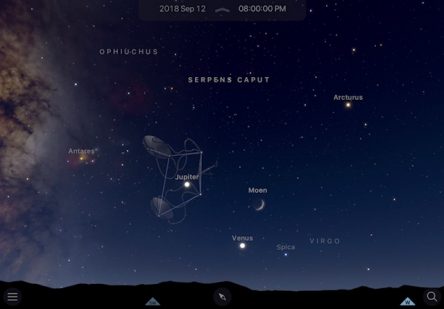 Graphic of waxing crescent moon near Jupiter and Venus